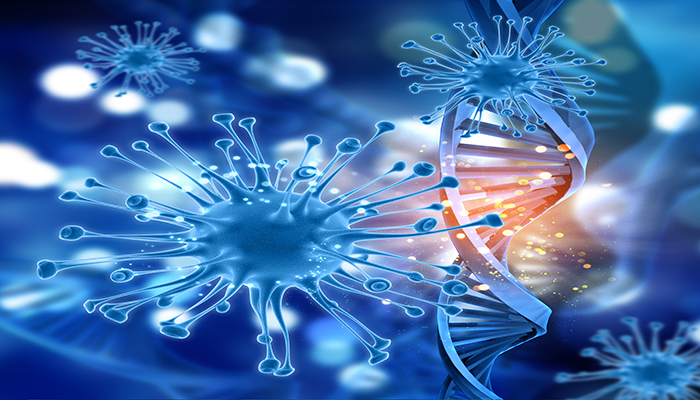 3D render of a medical background with virus cells and DNA strands